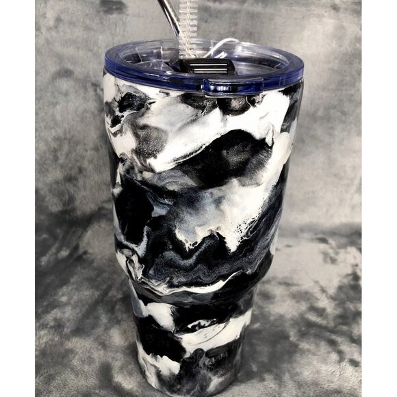 Alcohol Ink Tumbler 30oz Black/White Insulated Stainless Steel With Lid Cup - Picture 1 of 6